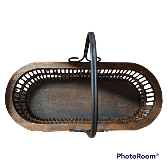 Vnt Wood Basket 19.5”x 8.5”x 4.5" Metal Handle Dark Brown Farmcore Rustic - Picture 7 of 9